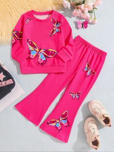 Girl's Butterfly Print Sweatshirt & Flare Leg Pants Set, Casual Round Neck Long Sleeve Pullover & Bell Bottom Trousers for Spring & Fall, Kids Clothes for Daily Wear