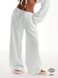 TikTok Viral Sheer Linen Drawstring Wide Leg Pants - 2026 Summer Lightweight Breathable White Beach Cover Up, Casual Lounge Flowy Loose Fit Elastic Waist Vacation Trousers for Women, Trendy Aesthetic Y2K Beachwear, Comfy Loungewear, Summer Must Haves