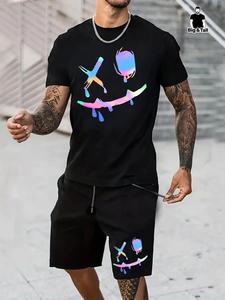 Two-piece Set Men's Plus Size Cartoon Face Print Drawstring Two-piece Set, Regular Fit Casual Round Neck Tee & Pocket Shorts, Men's Matching Clothes for Summer