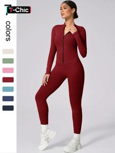Women's Seamless High Elastic Thread Collar Zipper Long Sleeve High Waist Shaping Trousers Yoga suit Outdoor Running Cycling Hiking Walking Fashion suit Lightweight Athletic Outfits All-match long-sleeve trousers for gym training