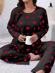 Plus Size Heart Print Drop Shoulder Pyjama Set, Casual Comfy Long Sleeve Round Neck Top & Trousers PJ Set, Summer Outfits 2024, Women's Sleepwear for Spring & Fall, Pajamas