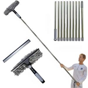 High-rise Window Cleaner Kit, 1 Set 2-in-1 Washer & Squeegee, Microfiber Cloth with Scraper & Stainless Steel Handle, No Electricity Required