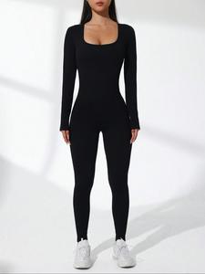 Women's Seamless Yoga Jumpsuit, Ribbed Square Neck Fitness, Butt Lifting Slim Fit Sexy One-Piece, Fall & Winter Workout Wear