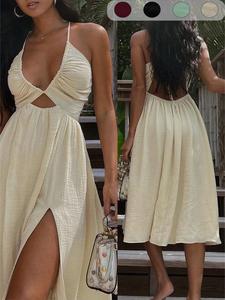 Summer New Sexy Chic Wrap Top V-Neck Dress, Loose Beach Style Split Skirt, Women's Fashionable Long Dress, Perfect for Vacation, Casual Wear