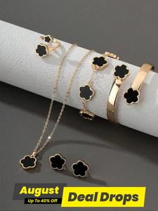 Flower Design Fashionable Jewelry Set, Elegant Necklace & Bracelet & Bangle & Ring & Stud Earrings, Fashion Jewelry for Party, Daily Decor, Trendy All-match & Exquisite Jewelry for Birthday Gift