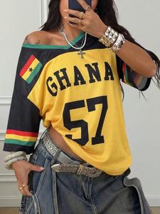 Y2K American Retro Style Ghana 57 Number Colorblock Mesh Eye Tee, Loose V-Neck Sporty T-Shirt, Hip Hop Streetwear Top for Women