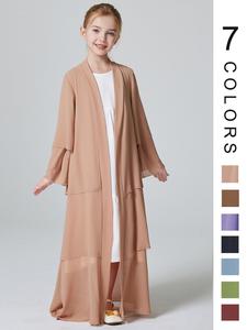 Girl's Solid Tiered Layer Long Sleeve Chiffon Abaya without Inner Dress, Summer Outfits 2024, Modest Outfits, Casual Open Front Long Robe for Daily Wear, Kids Clothes