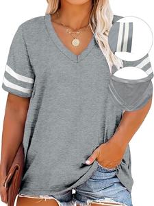【Plus Size】 Contrast Striped Print V Neck Tee, Summer Clothes, Casual Short Sleeve T-shirt for Summer, Summer Outfits 2024, Women's Plus Clothing for Daily Wear