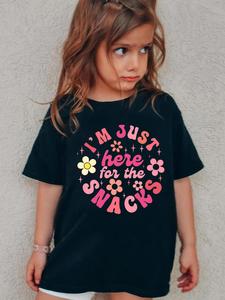 Toddler Girl's "i'm Just Here for The Snacks" Letter & Floral Print Round Neck Tee, Cute Fashion Casual Short Sleeve T-shirt for Daily Wear, Girlythings, Kids Clothing for Summer, Kids Clothes Girls, Surprise Graphic Tee, Funny Graphic Tee, Crew Neck Tee