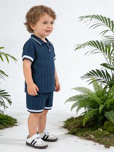 Toddler Boys' Summer Knit Thin T-Shirt & Shorts Set, Cute Fitted Polo Tee, Casual Fashion, Perfect for Holidays, Valentine's Day Gift, Striped Sets