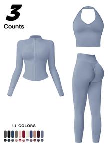 Women's Fall Winter Sporty Active Wear Quick-Dry Three-piece Set, Supportive Racerback Sports Bra & High Waist Butt Lifting Pants & Stand Collar Zipper WarmWindproof Jacket for Yoga Gym Workout Running, Fashion for Daily Wear, Set