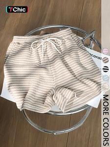 Women's Summer Elastic Drawstring Waist Pockets Adjustable Shorts, Knitted Pineapple Plaid Striped Fabric, Casual & Suitable For Home, Sportwear