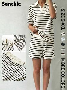 Women's Casual Striped Sweatshirt & Shorts Set, Loose Fit Long Sleeve Top, Patchwork Design, All Seasons Fashion