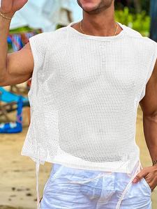 Men's Solid Color Mesh Hollow Out Tank Top , Loose Casual Sleeveless Split Lace Up Vests for Summer Vacation, Streetwear Fashion Men's Clothes for Daily Wear