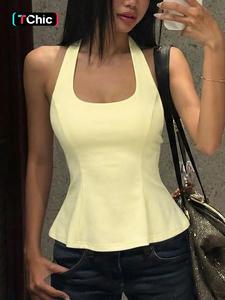 Women's Solid Color Ruffled Hem Tie-back Halter Tank Top, U Neck Tie-neck Lace-up Elegant Chic Sleeveless Backless Plain Fit & Flare Cami Camisole Top, Party Club Date Holiday Daily Casual Sweet Crop Tops For Ladies Summer Fashion Clothes Wear