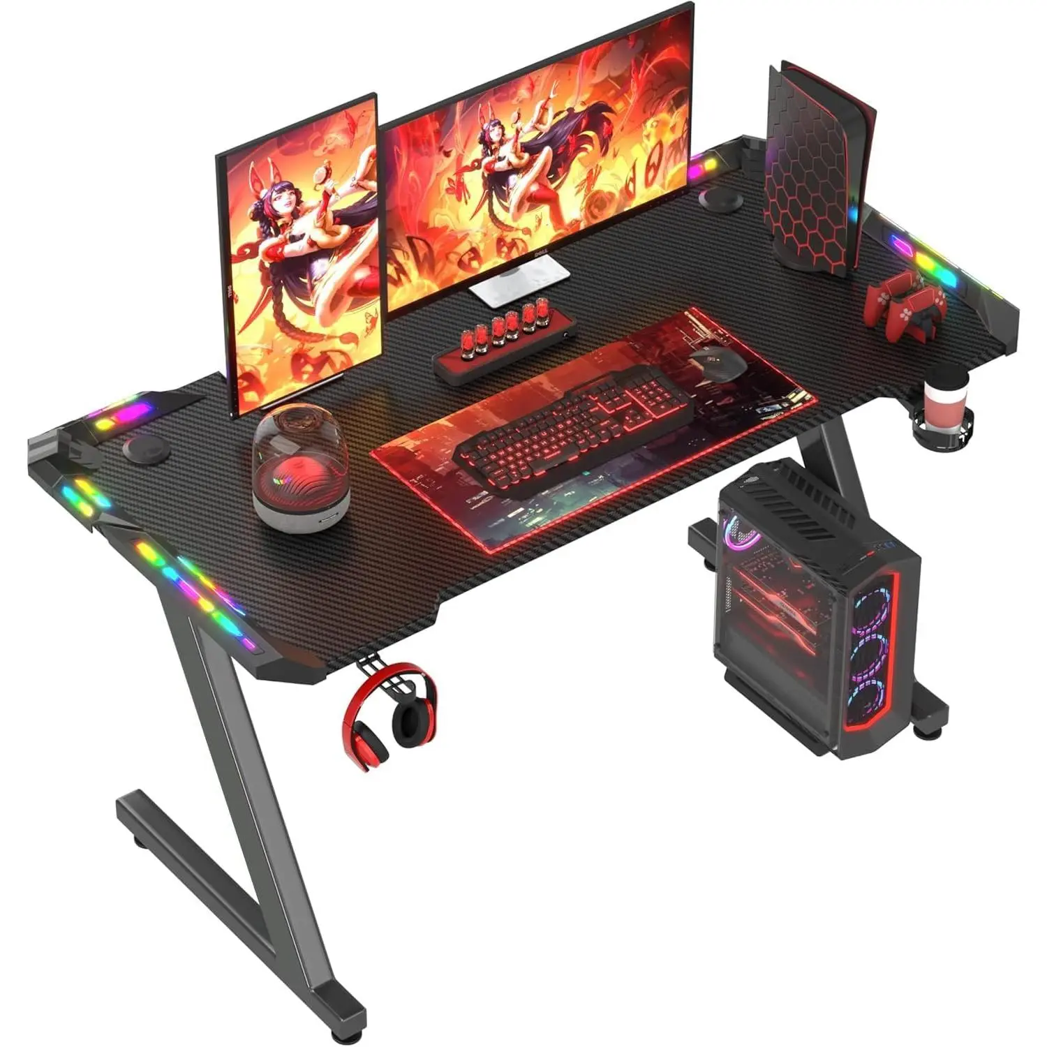 Gaming Desk with LED Lights, 120 x 60cm RGB Gaming Table Z Shape, Large Computer Desk with Headphone Hook and Cup Holder, Gamer Table for Home Office, Black