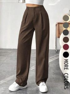 Women's Solid Color Plicated Pocket Wide Leg Pants, Elegant Zipper Fly Trousers for Work Office Business, Ladies Spring & Fall Clothes holiday outfit solid pocket pant trouser pant linen  trousers  women bell  bottom flares
