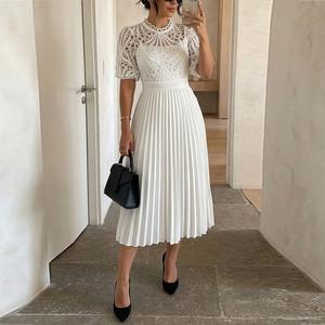 ChicMe Women's Stand Collar Puff Sleeve Lace Hollow-out Party Dress Zipper Back Pleated Dress for Wedding Guest & Wedding
