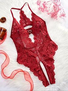 Women's Floral Lace Scalloped Trim Cut-Out Sheer Crotchless Lingerie, Bow-Front Rhinestone Heart Decor Sleeveless V Neck Bodysuit, Sexy Summer Lingerie for Women