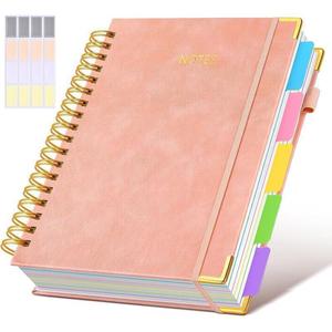 1PC Hardcover Spiral Notebook with Removable Dividers Tabs, Drawing Notebook, 300 Pages Leather 5 Subject Notebook College Ruled, 8x10 Large B5 Notebooks for Work School Note taking, Lined Journal, Office Stationery Supplies, (Pink,Black)