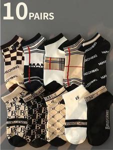 10 pairs of men's ankle socks for spring and summer, breathable and sweat-absorbent, stylish and versatile low-cut no-show socks, available in multiple designs with letters, patterns and Striped, Letter Print Socks