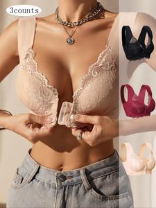 Women's Floral Lace Buckle Front Wireless Bra, Breathable Comfortable Lingerie Top for Daily Wear, Women's Lingerie for All Seasons