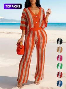 Women's Color-Block Striped Cutout Button-Front Top & Wide-Leg Pants Two-Piece Set, Casual Drop-Shoulder Collared Top & High-Waist Pants for Spring and Summer, Beach Vacation 2-Piece Outfit for Women
