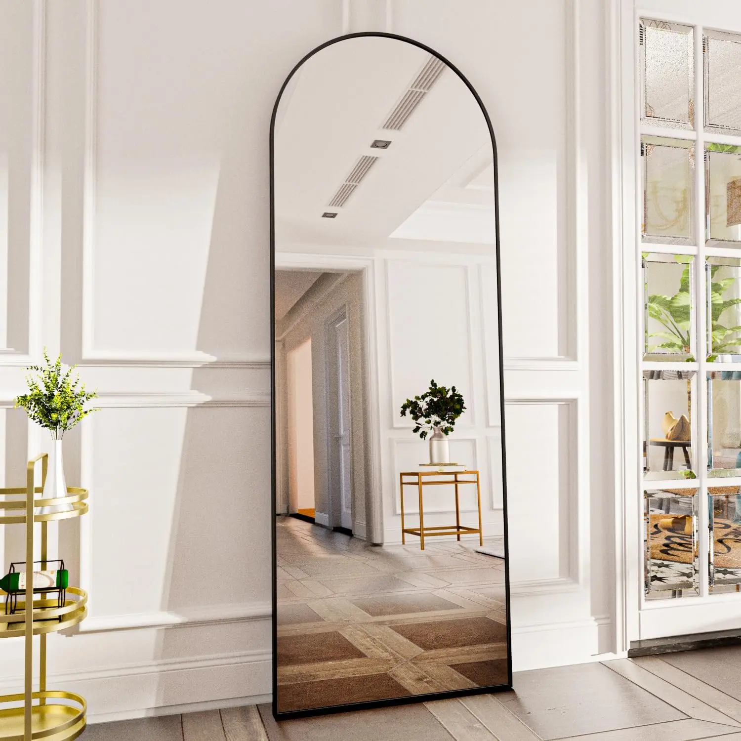 Koonmi 52 x 161 cm Large Arch Mirror Full Length, Big Arched Metal Standing Full Body Floor Mirror for Dressing, Wall Mounted, Leaning for Living Room, Black