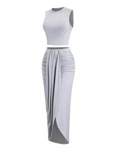 Women's Solid Crop Tank Top & Ruched Asymmetrical Hem Split Skirt Set, Casual Mock Neck Sleeveless Top & High Waist Wrap Skirt, Summer Outfits 2024