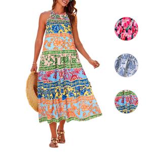 【Runs Large | Size Down】Grace Karin Women's Maxi Boho Dress Casual Summer Loose Long Floral Sundresses Flowy Halter Tiered Beach Vacation Outfits