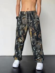 Men's Camo Tree Branches Print Drawstring Waist Cargo Pants, Loose Street Fashion Casual Comfy Flap Pocket & Slant Pocket Design Straight Leg Trousers for Spring & Fall, Fashion Men's Bottoms for Daily Wear