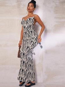 Women's Zebra Stripe Print Backless Cami Dress, Bodycon Cocktail Dress, Adjustable Strap Cowl Neck Maxi Dress for Beach Holiday Vacation, Ladies Clothes for All Seasons