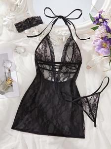 Women's Sexy Slim-Fitting Nightdress Set, 3-Piece Sleeveless Contrast Lace, Sheer, Soft Lightweight Fabric, All-Seasons, Nightwear, Loungewear