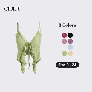 Cider [7 colors, size 4-28] Lace Ruffle Hem Knotted Knit Crop Top