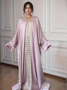 Women's Lace Embellishment V Neck Abaya, Modest Long Sleeve Maxi Dress for Party Wedding Guest, Ladies Islamic Clothing for All Seasons