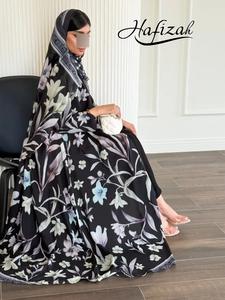 Hafizah Floral Print Long Cardigan with Headscarf, Loose-Fit Casual Outerwear for All Seasons, Versatile Women's Daily Wear