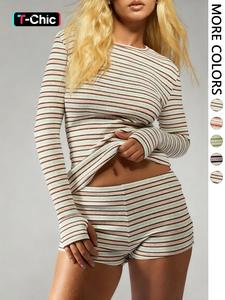 Women's Striped Knit Casual Long Sleeve Top & High Waist Elastic Sporty Shorts Set, Spring Fashion, Comfortable Fit, Fall outfit