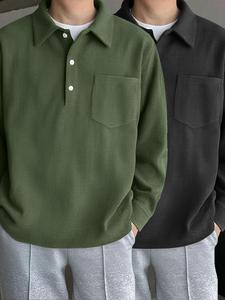 Men's Solid Corduroy Polo Shirt, Loose Casual Long Sleeve Button Collared Top for Fall & Winter, Men's Clothes for Daily Wear