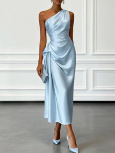 Elegant Chic Evening Dress for Summer 2026, High Stretch Satin Sleeveless Asymmetrical Shoulder Midi Dress, Perfect for Parties and Birthdays