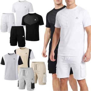 Mens Top & Bottom Short Sets Sportswear Short Sleeve Top Elasticated Cargo Shorts Fitness Gym Chest Quilted Tracksuit Set S to 2XL