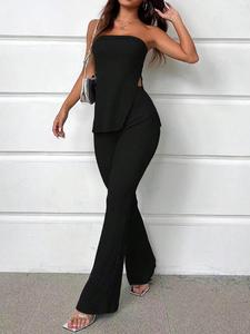 Two-Piece Set Women's Solid Strapless Split Hem Tube Top & High Waist Pants Set, Elegant Fashion Casual Two Piece Outfits for Daily Outdoor Wear, Summer Womenswear