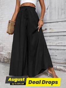 Women's Plain Paper Bag Waist Tie Front Wide Leg Pants, Summer Clothes Women Casual Comfy Elastic High Waist Trousers for Summer, Women's Bottoms for Daily Wear, Loose Legged Pants, Wideleg Pants, Widelegtrousers, Casual Fashion Trousers