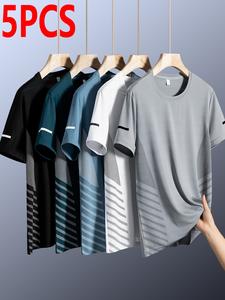 5-Pack Summer Men's Quick-Dry Short Sleeve T-Shirts, Breathable Elastic Sport Shirts, Round Neck Printed Casual Tops, Sports Tops for Running, Gym, Outdoor, Home