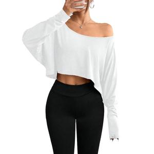 Women's Solid Off-Shoulder T-Shirt, Casual Simple Loose Long Sleeve Crop Top Suitable for Daily Vacation Outdoor Wear, Four Seasons Women's Clothing, Going Out Top, Women's Fashion Womenswear Tshirt funny  shirt tesco  clothing shouldertop one