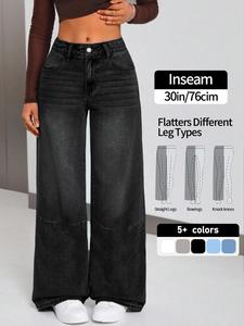Vintage Boyfriend Wide Leg Button Jeans, Casual Floor-Length Trousers, Loose-Fitting Denim Jeans for All Seasons, Fashionable Women's Clothing