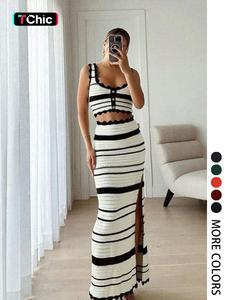 Two-Piece Set Women's Striped Print Crop Knit Top & Skirt, Elegant Fashion Casual Hollow Out Knit Top & Skirt for Daily Outdoor Wear, Women's Knitwear for Summer, Clothes