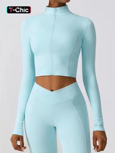 Women's Solid Zip Up Crop Sports Jacket, Sporty Long Sleeve Stand Collar Sports Outerwear for Yoga Gym Workout Running, Coats for Women, Ladies Sportswear for All Seasons, Athletic Outerwear