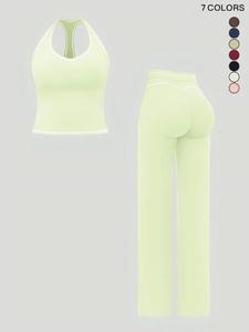 Women's Quick-Dry Colorblock Sports Bra Tank Top, High-Waisted Butt-Lifting Vintage Straight Leg Pants Yoga Bottoms, Outdoor Fitness Yoga Running Casual Sportswear Set