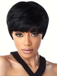 8 Inch Short Pixie Cut Wig for Women, Gorgeous Fluffy Human Hair Wigs with Bangs, Gluess Wigs for Party, Daily Use