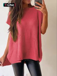 Women's Plain Textured Split Hem Asymmetrical Batwing Sleeve Knit Top Fit, Casual Short Sleeve Round Neck Knitwear for Summer, Fashion Women's Knit Clothing for Daily Wear, Cute Tops, Garment, Womenswear